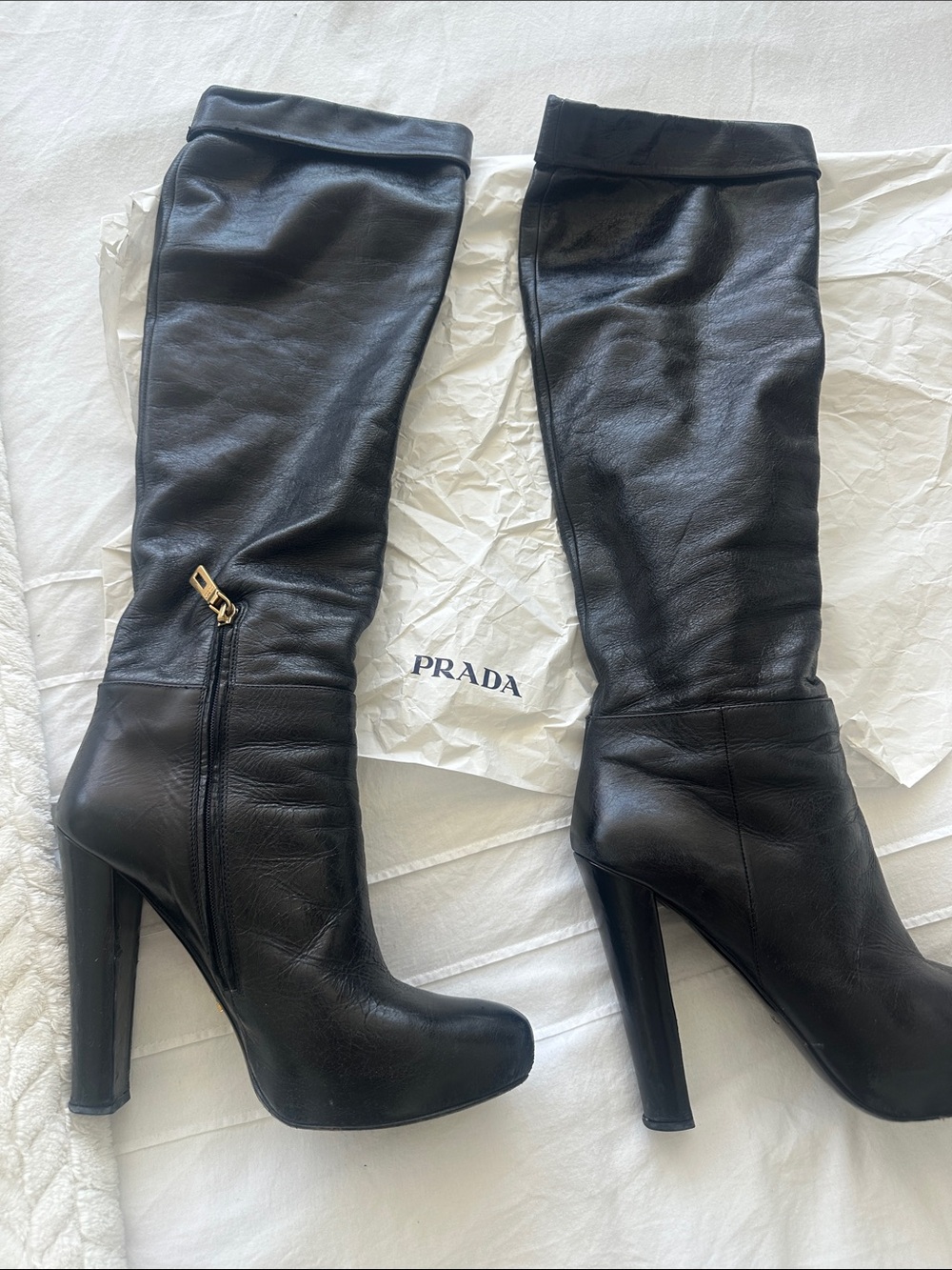 Prada Black Leather Knee-High Platform Heeled Boots